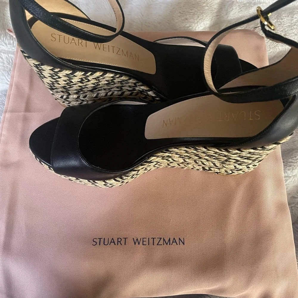 Stuart Weitzman Black Leather Espadrille Wedge Sandals